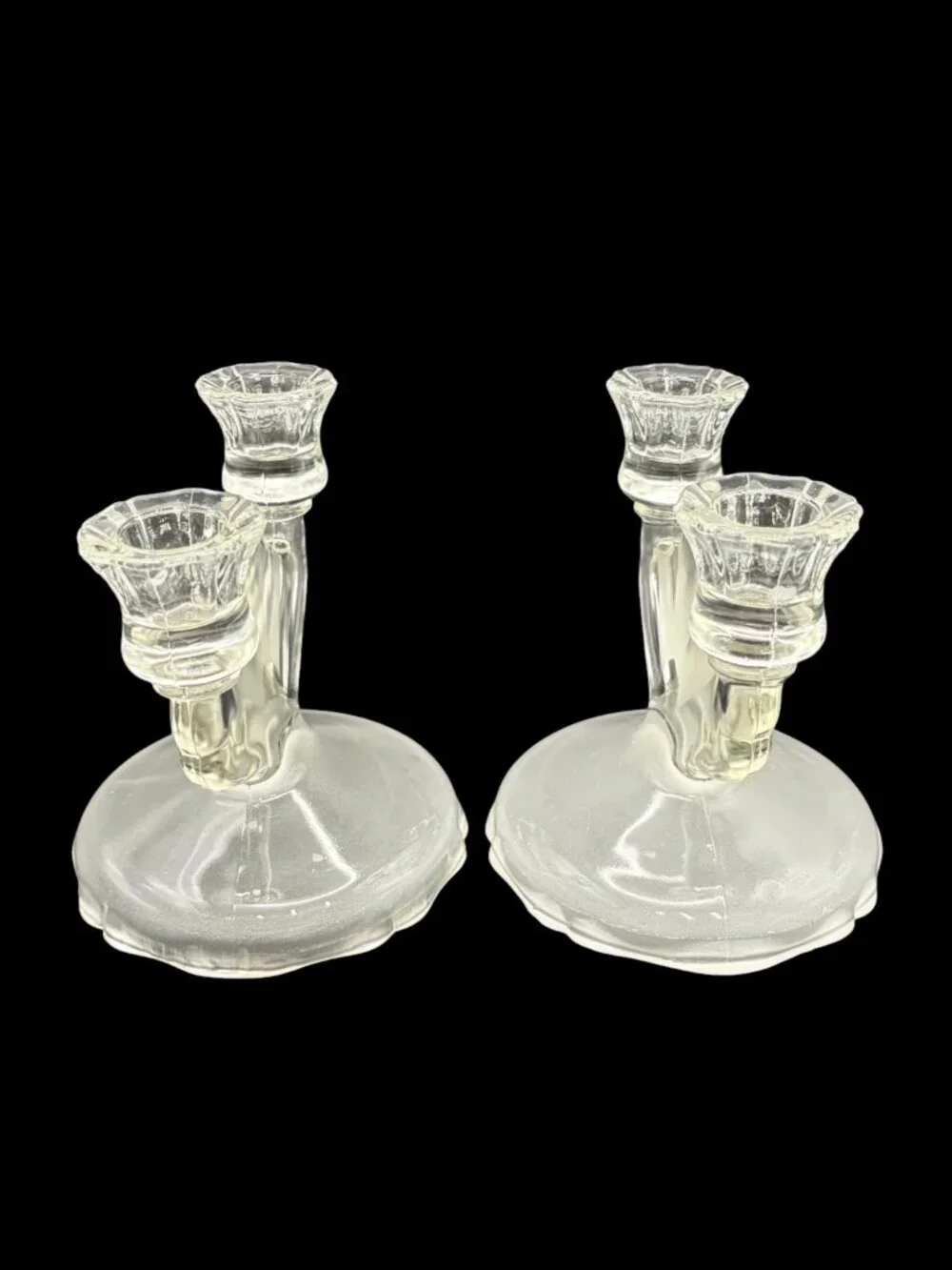 Vintage L.E. Smith Frosted & Clear Glass Double Candle Holder Pair